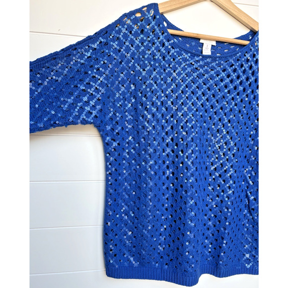Chicos Size 1 | M /8 Sasha Sequin Pullover Sweater Royal Blue Open Knit Sparkly - Picture 4 of 11